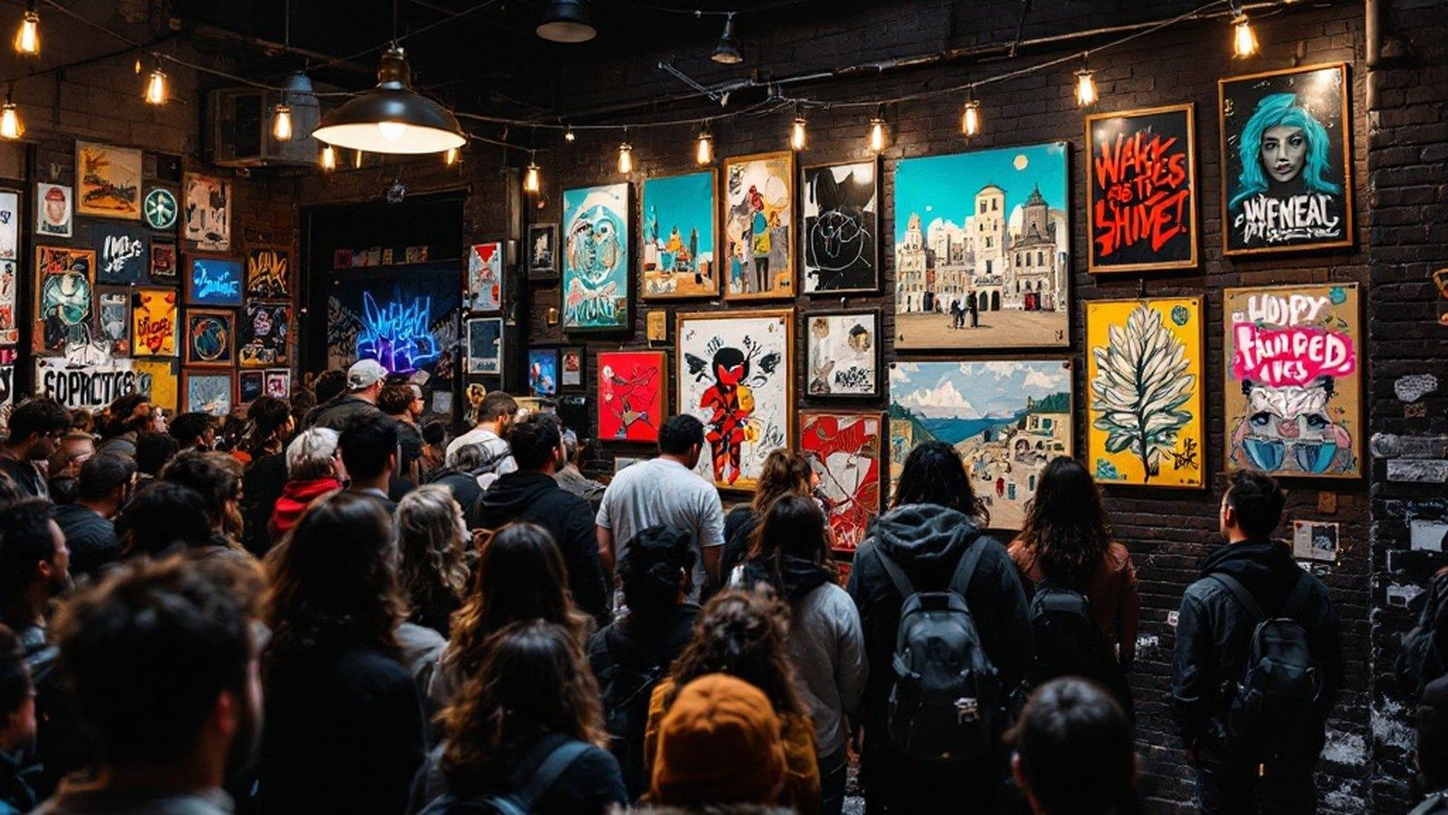 Crowd viewing artwork hung on a painted cinderblock basement wall under string lights