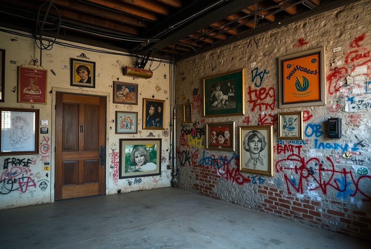Cinderblock basement wall hung with mismatched framed artwork, extension cords running along the ceiling