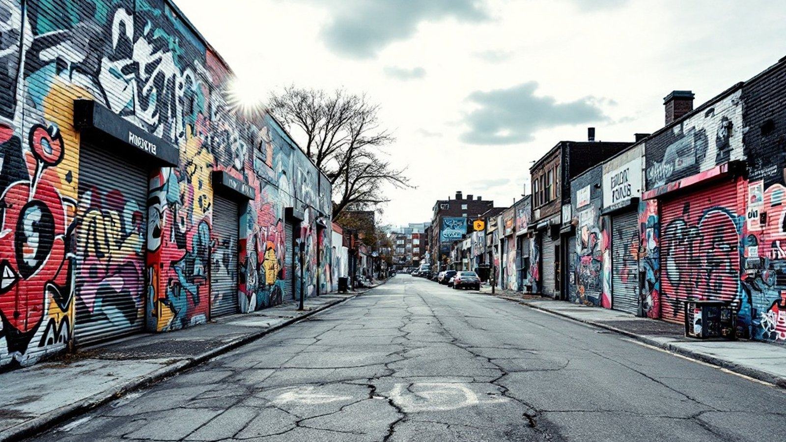 Wide shot down Troutman Street, Bushwick: warehouse walls covered edge-to-edge in large-scale murals, roll-up gates painted, cracked asphalt in the foreground