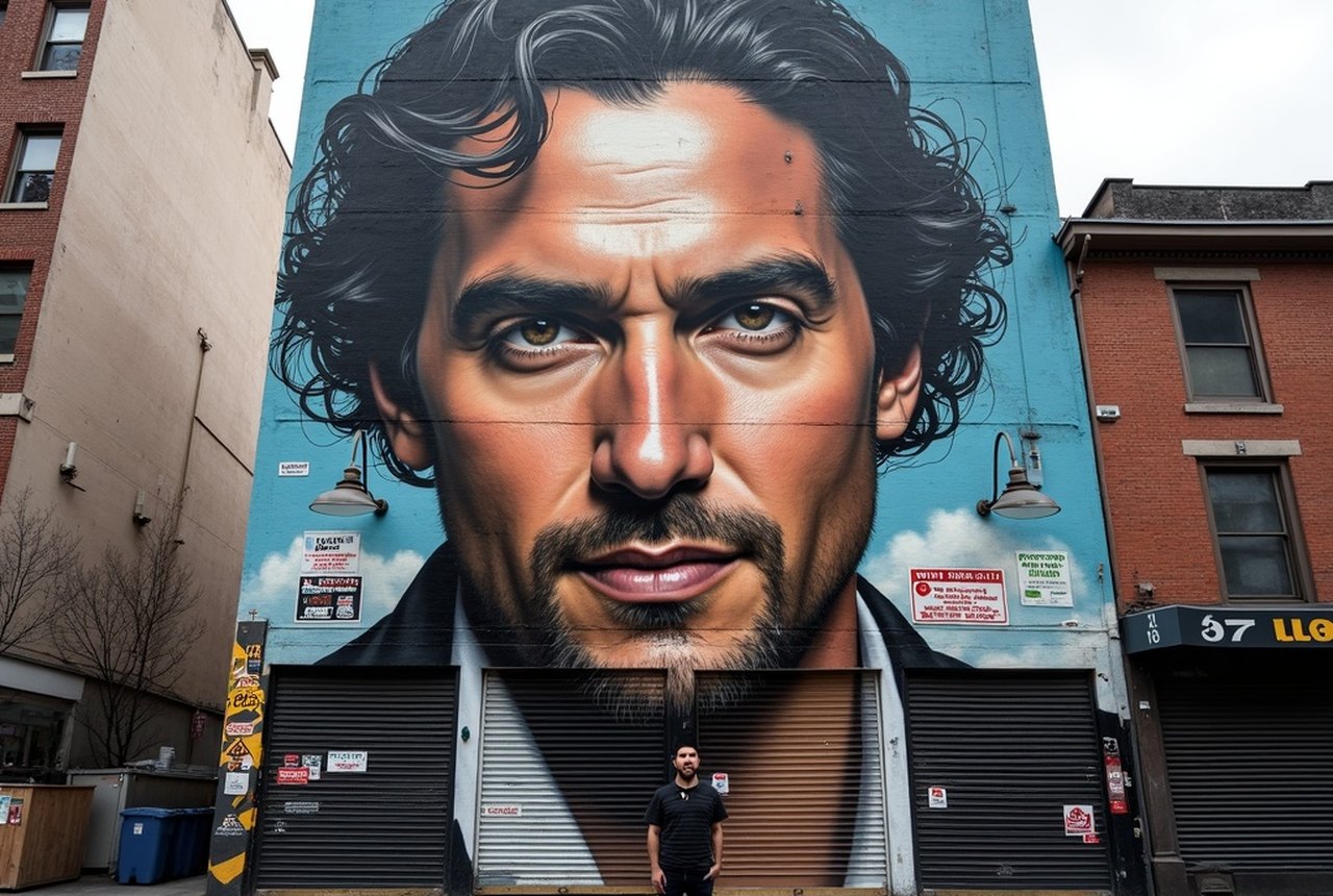 A building-scale hyper-realist mural portrait dwarfing a lone pedestrian on the sidewalk below