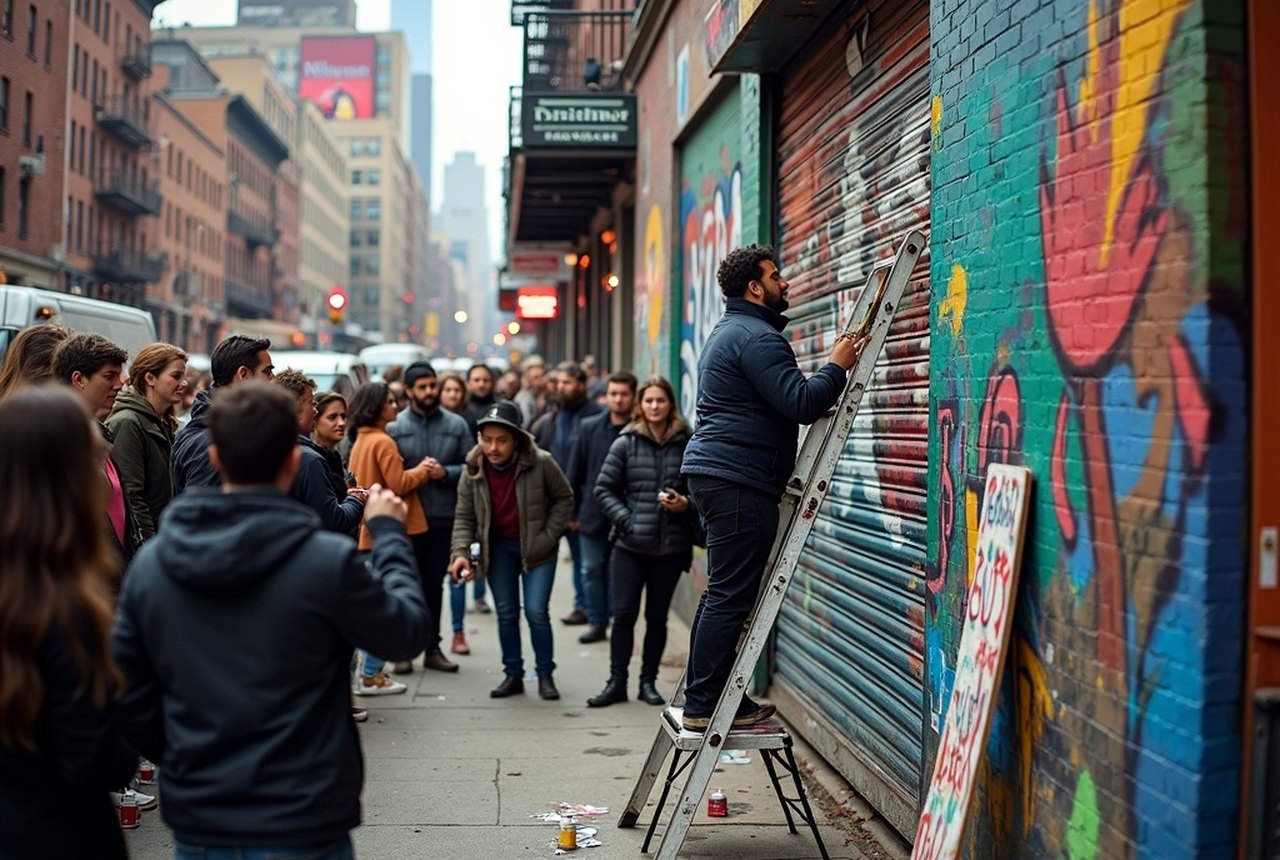Artist painting live from a ladder at a street block party, crowd watching, spray cans on the pavement