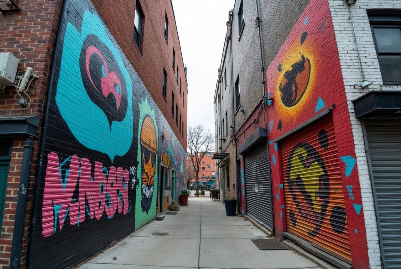 Corner view of two converging mural walls in clashing styles, Bushwick industrial block