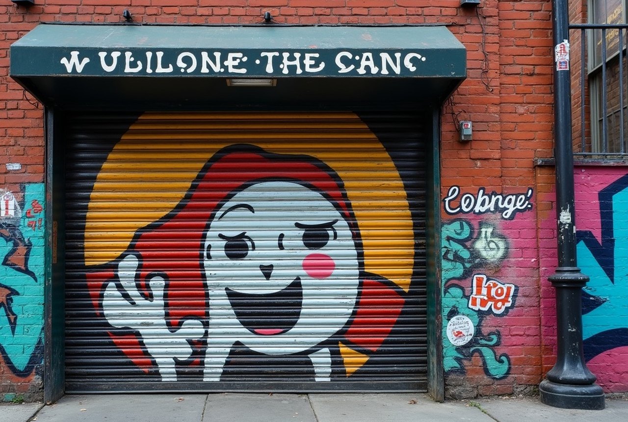 Painted roll-up shutter gate, half-raised, mural continuing onto the brick above