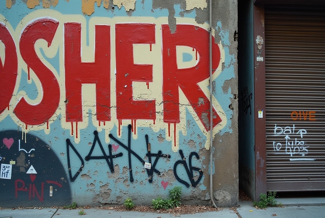 Faded, weathered mural edge with newer tags at its base — layers of the rotating wall