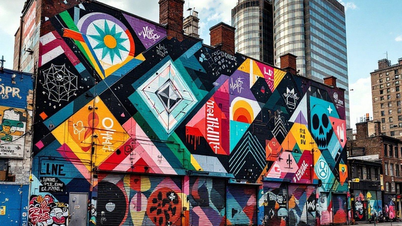 Freshly painted rotating mural wall on a Long Island City industrial building with glass towers behind