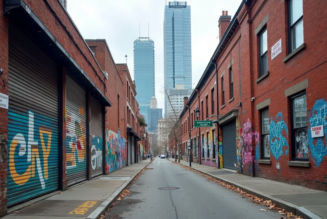 Jackson Avenue streetscape in Long Island City: fresh murals on old industrial brick, glass towers rising behind
