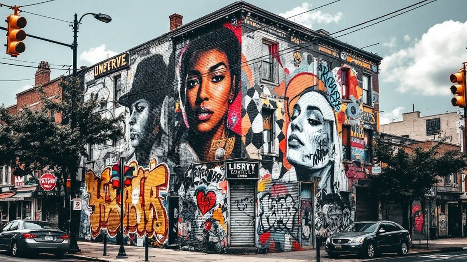 Mural-covered corner building at a busy Bronx intersection