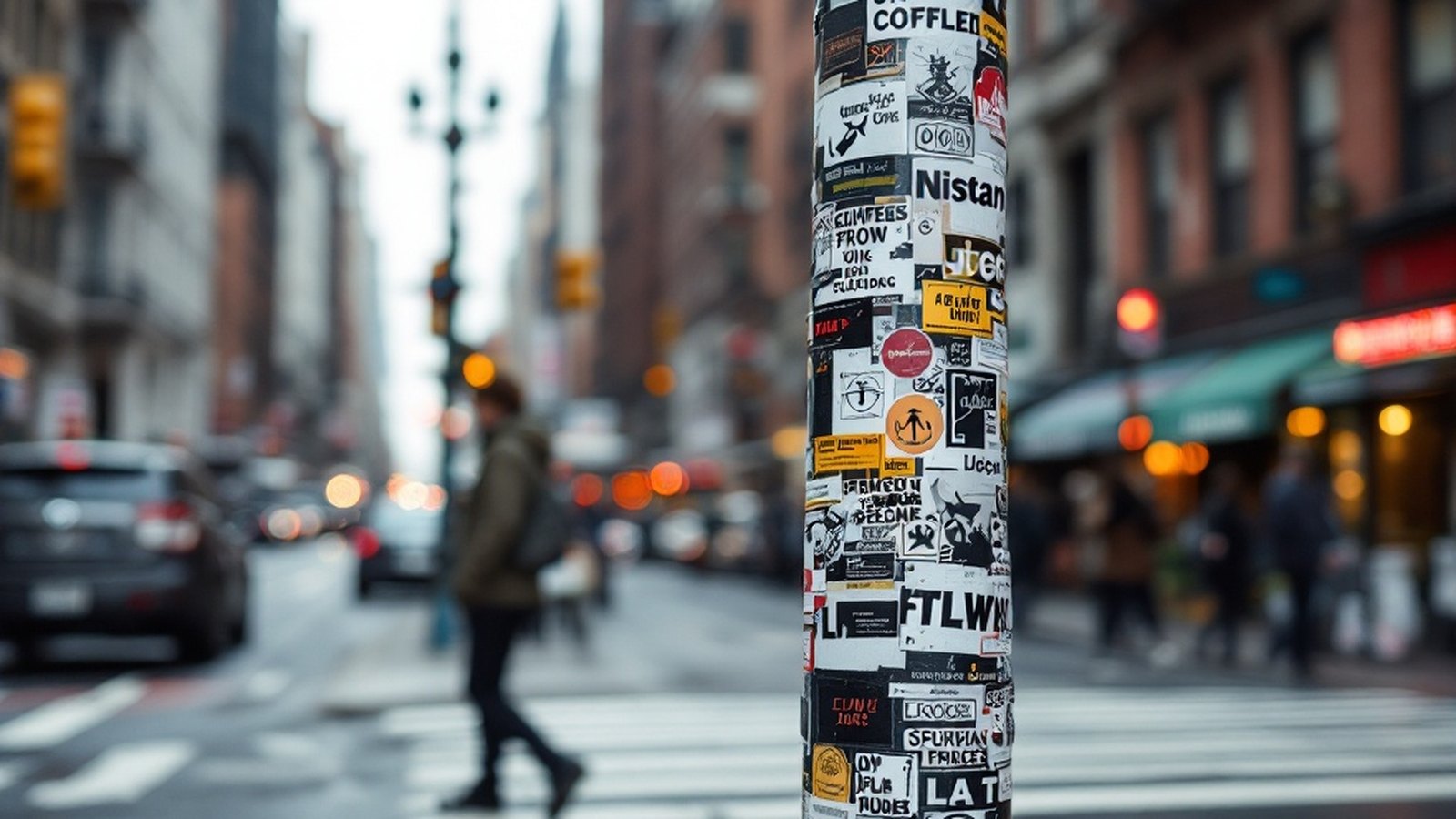 Sign pole densely layered with artist stickers and postal-label slaps at a busy pedestrian crossing