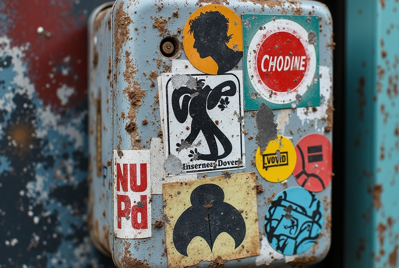 Close-up of layered stickers on a utility junction box, older layers showing at torn edges