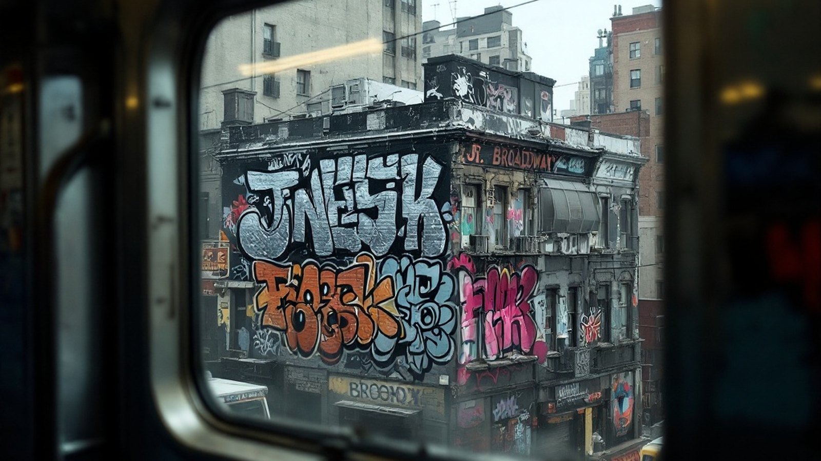 View from inside a J train window of a silver-and-black rooftop throw-up on a Broadway building