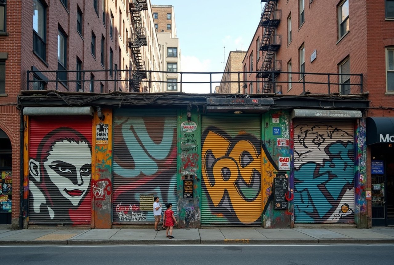 Wide shot from an elevated platform: a sixty-foot collaborative production running along a party wall above Broadway