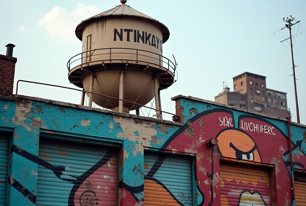 Close crop of a complex wild-style piece partially hidden behind a rooftop water tower