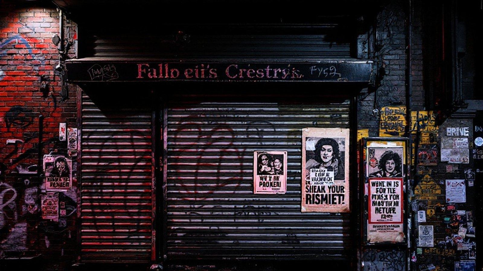 Nighttime photo of freshly pasted protest posters on a SoHo gallery-district wall, brick and iron shutters
