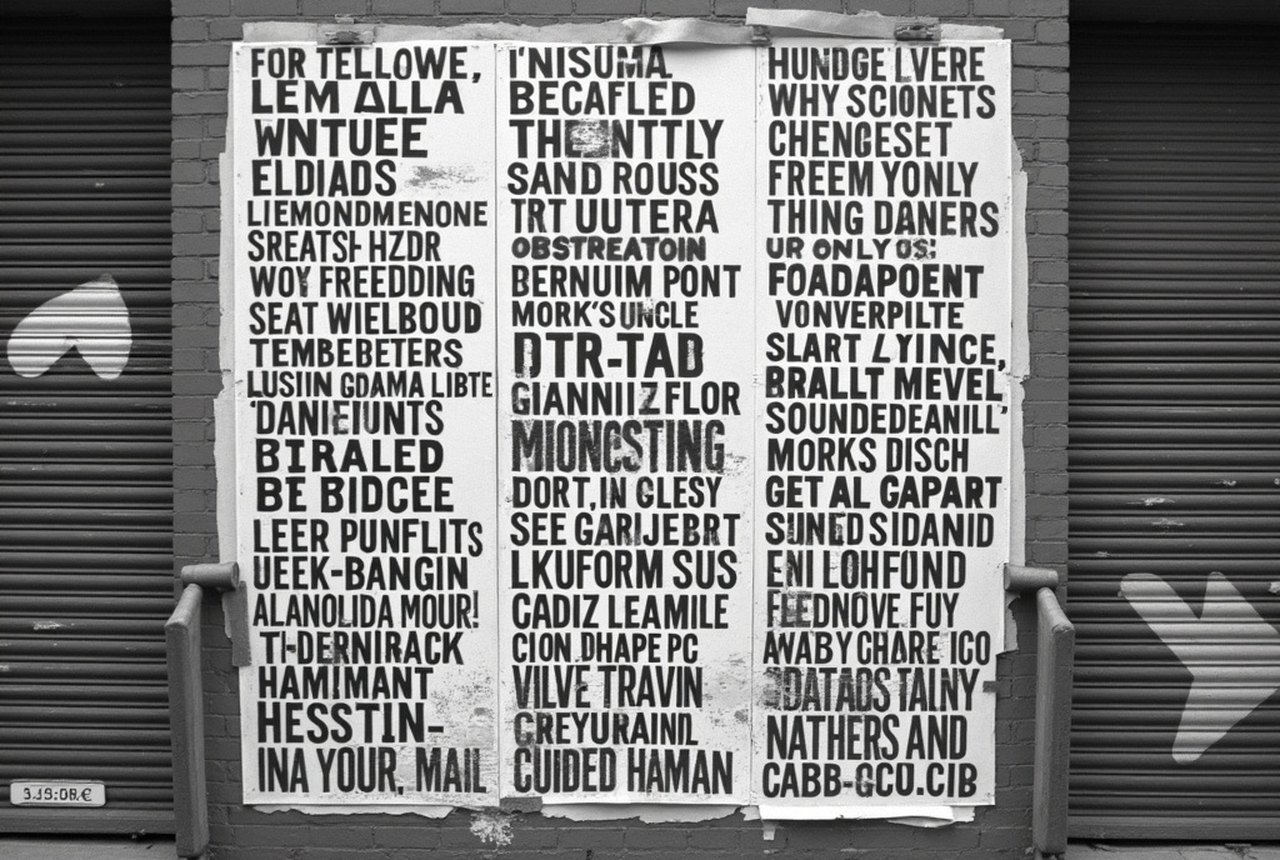 Close-up of a dense black-and-white 1980s broadsheet poster, columns of gallery names in bold type, pasted to a brick wall