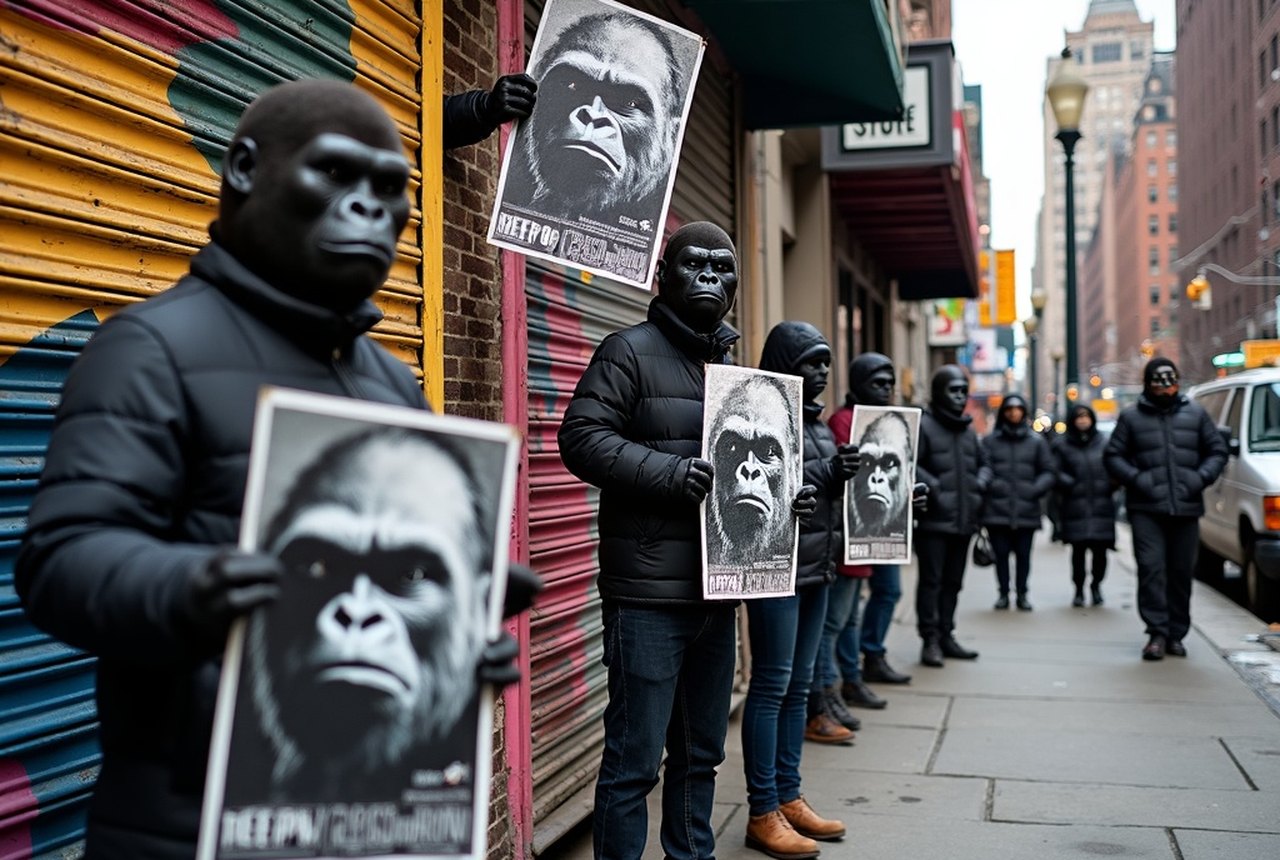 Figures in gorilla masks holding protest posters on a Manhattan sidewalk