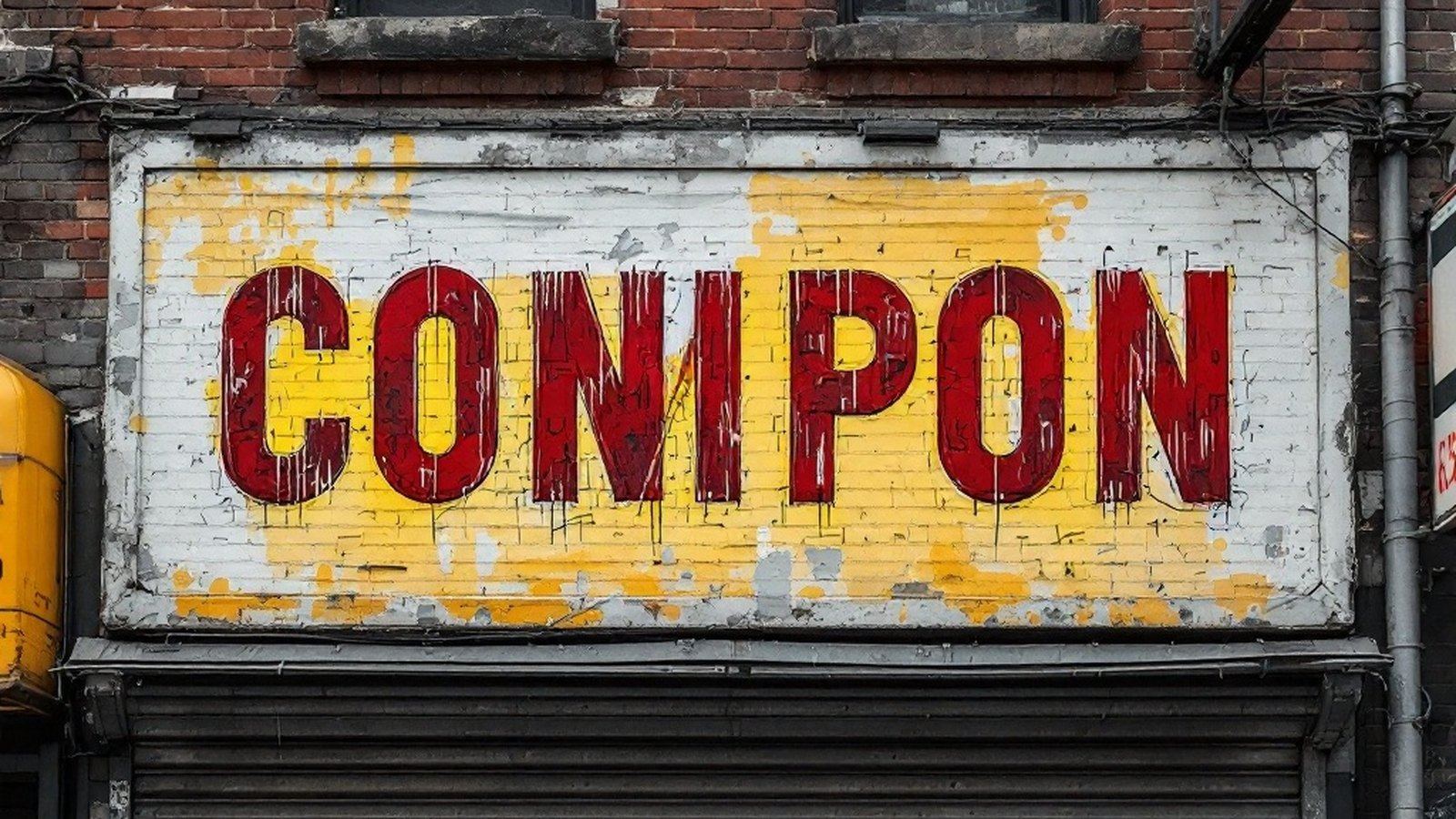 Faded hand-painted commercial sign above a corner storefront, serif letters weathered into the brick