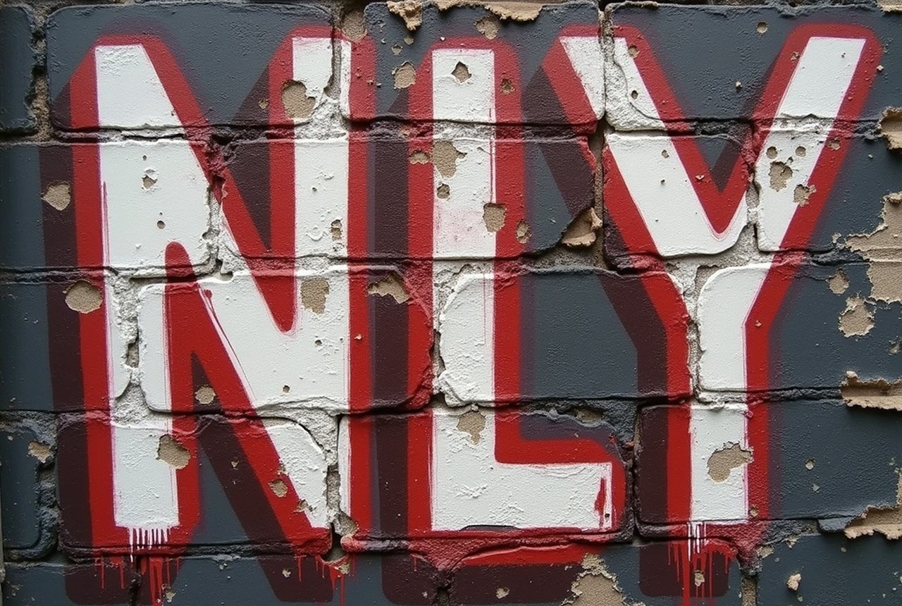 Close crop of a faded ghost sign's serif lettering bleeding through layers of latex paint on old brick