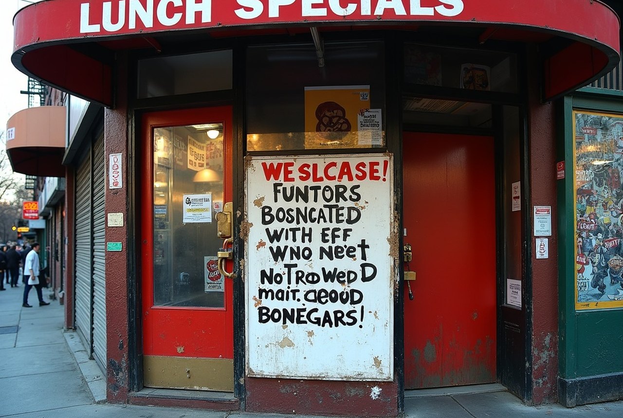 Hand-lettered bodega lunch-special board under a corner-store awning, confident brush strokes