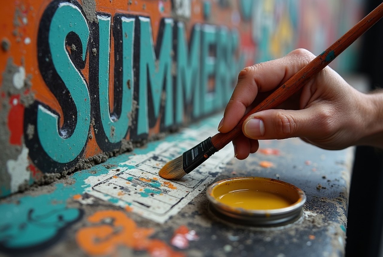Detail of a sign painter's hand steadying a striping brush over fresh lettering, paint can nearby