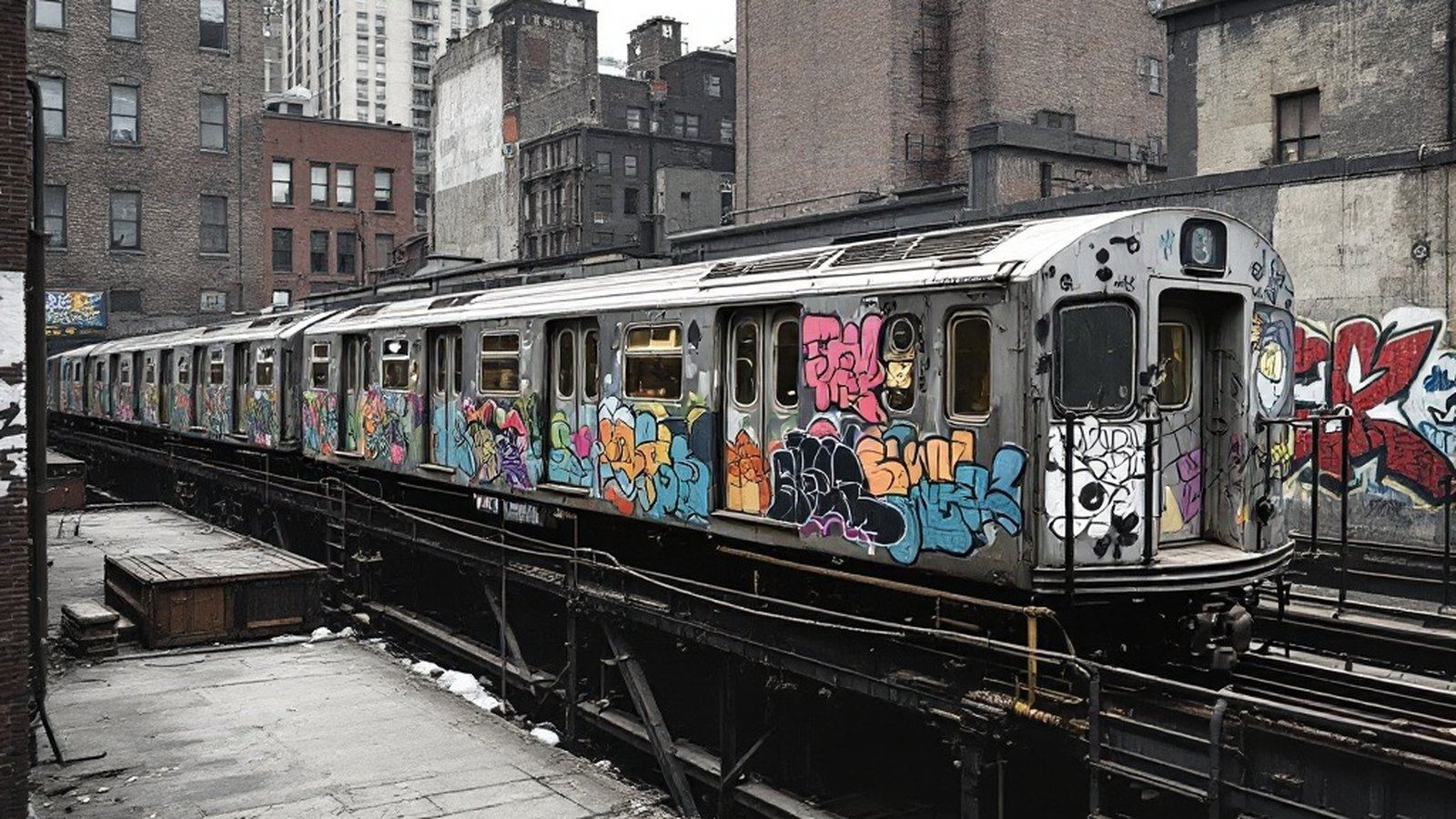 Archival photo of a graffiti-covered New York subway car in an elevated yard