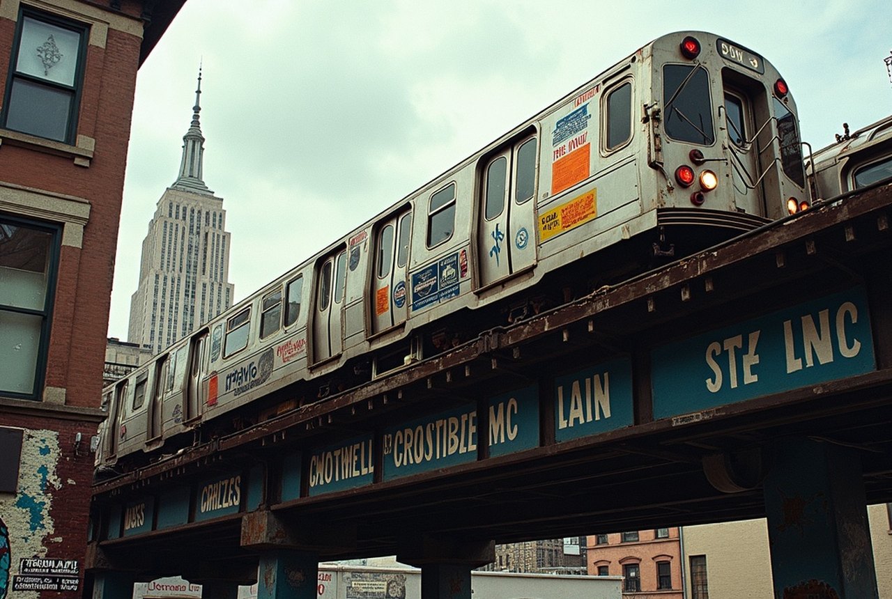 Painted subway cars crossing an elevated bridge, archival style