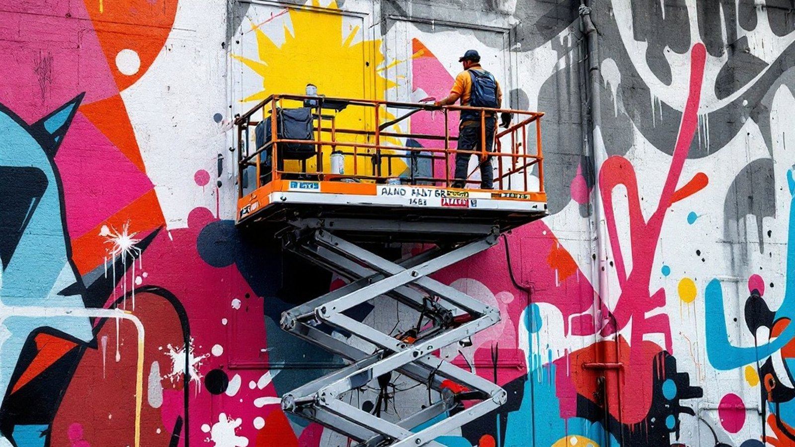 Wide shot of a muralist on a scissor lift working a large legal wall, paint cans staged on the platform