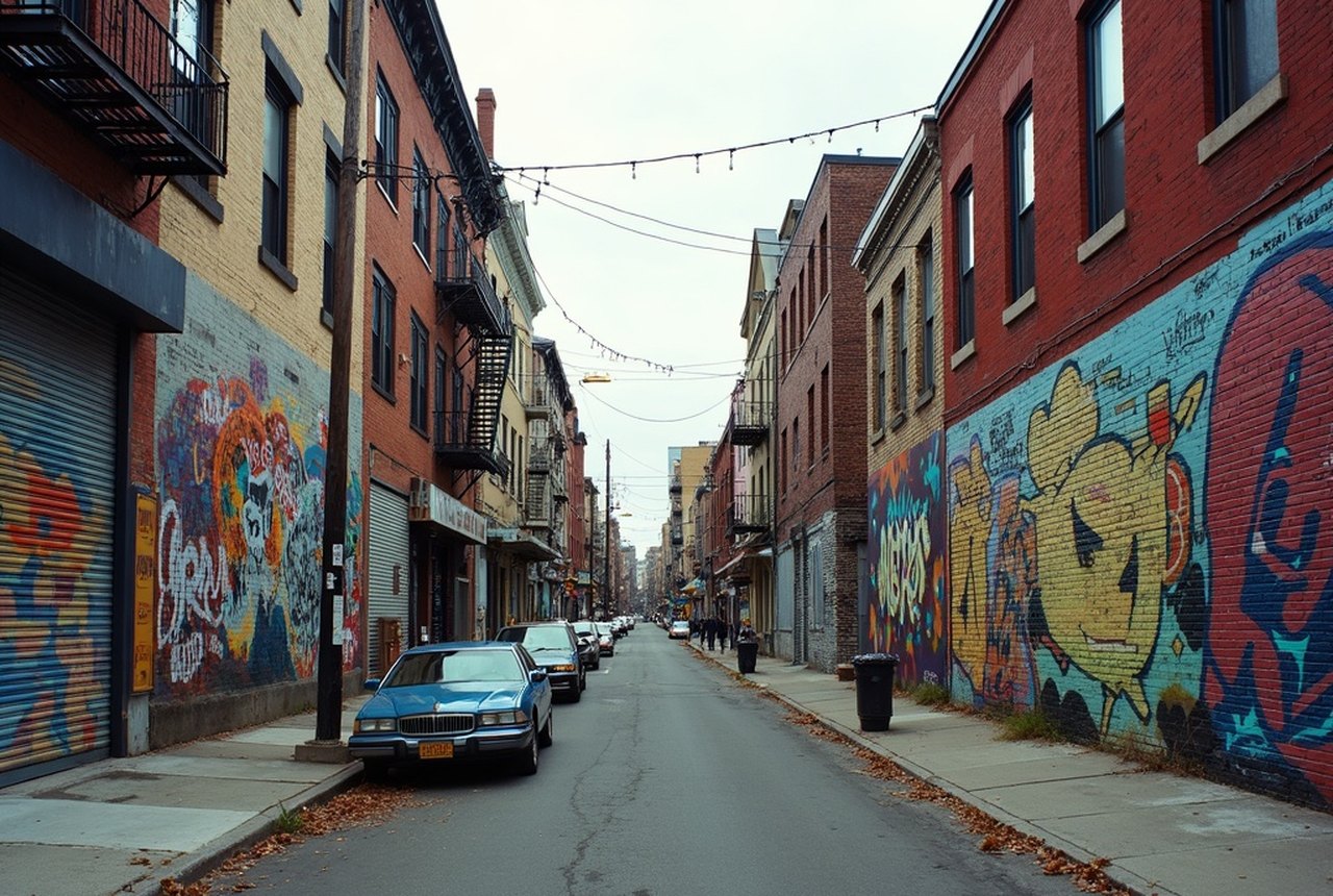 Street-level view down the Wyckoff Avenue mural corridor in Bushwick, painted walls receding block after block