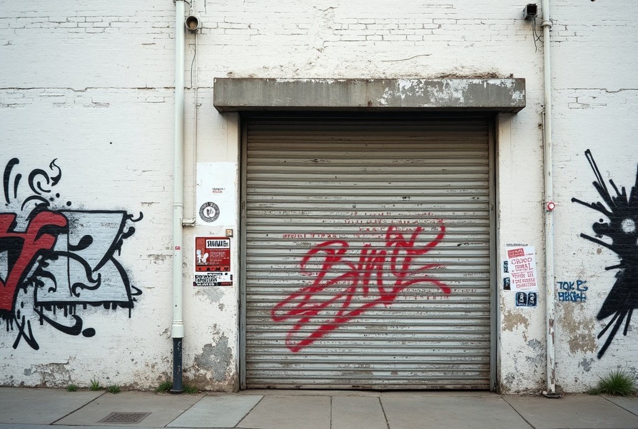 Documentary-style image of a whitewashed warehouse facade with ghosts of painted murals showing through the white paint