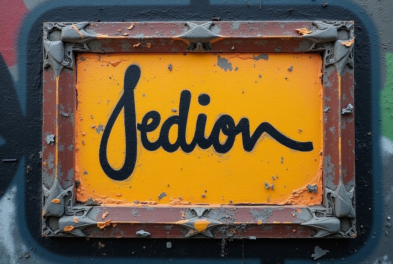 Close-up of a finished legal mural's signature panel with painted credit lettering in a lower corner