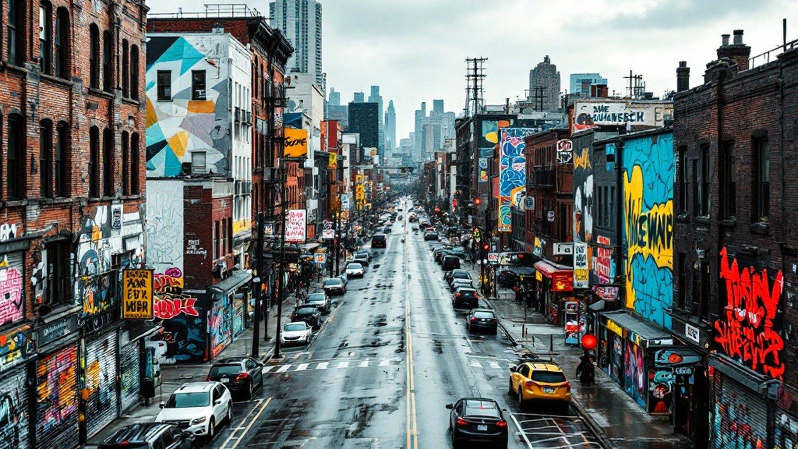 Wide shot of Troutman Street, Bushwick, with wall-to-wall large-scale murals on warehouse buildings