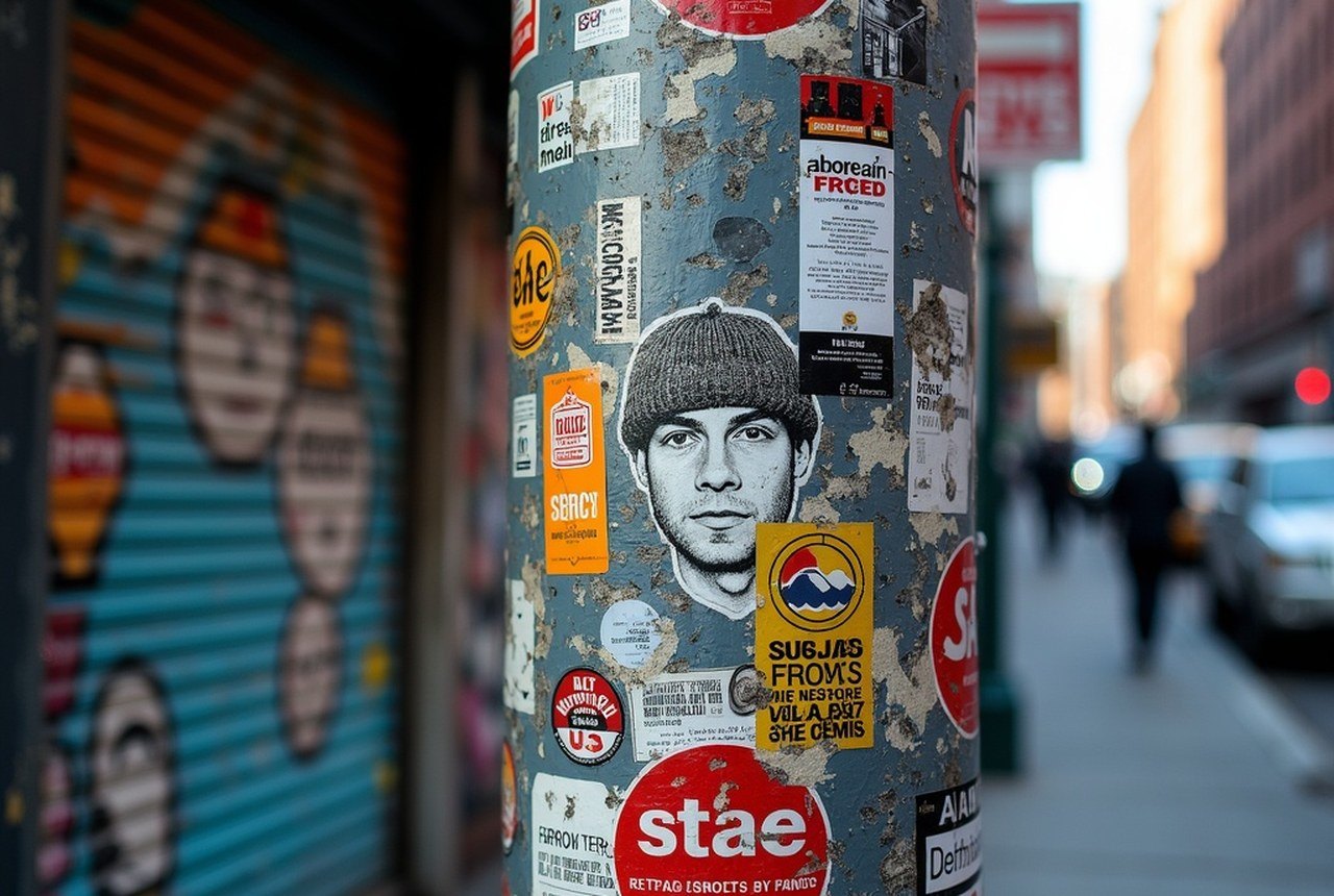Lamppost densely layered with artist stickers and postal-label slaps