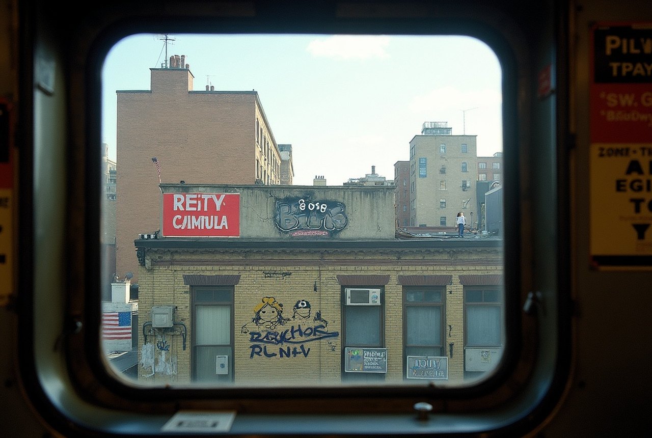 View from an elevated J train window of a painted rooftop piece on a Broadway building