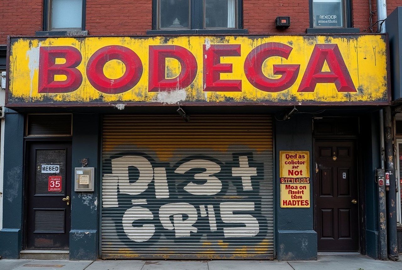 Faded hand-painted bodega sign lettering above a corner storefront