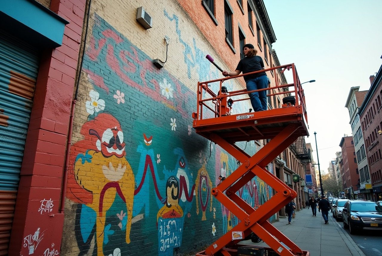 A painter on a scissor lift working a large legal mural wall, roller in hand