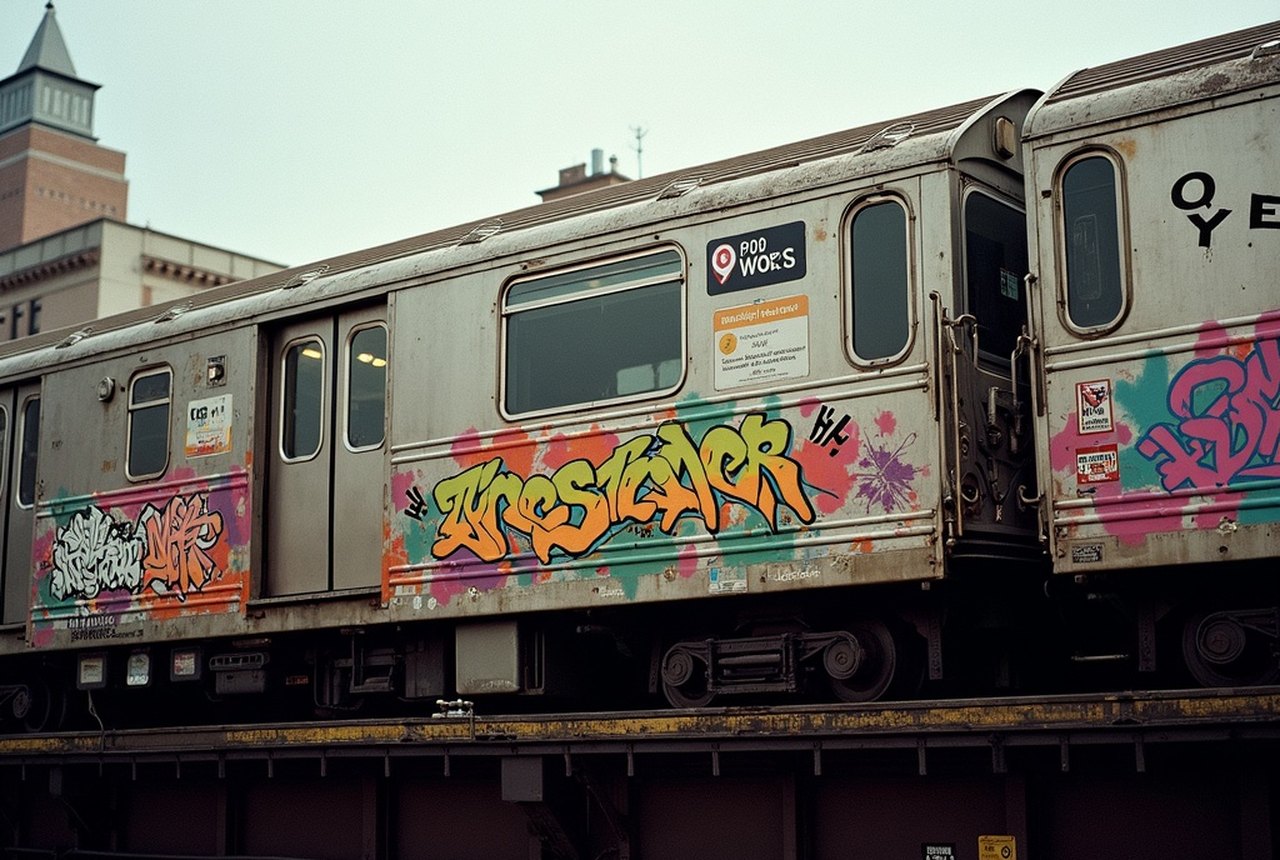 Archival-style photo of a graffiti-covered New York subway car in an elevated yard