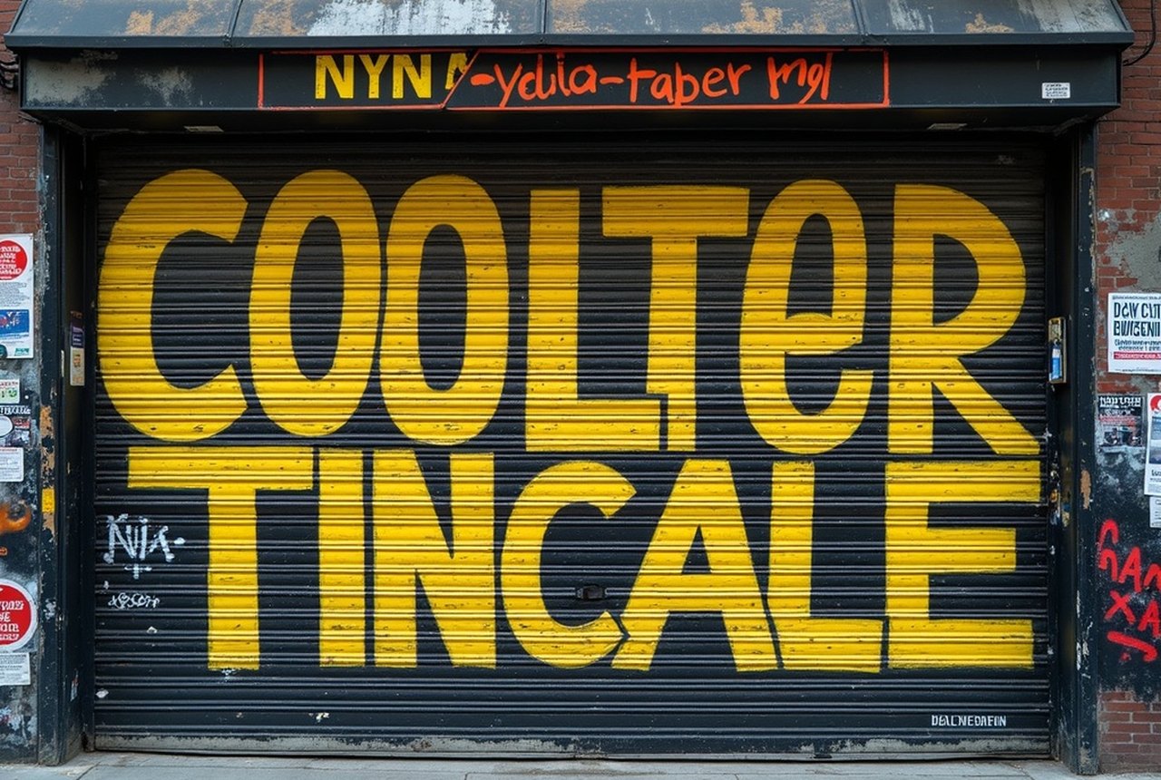 Poster-covered wall with bold black-and-yellow protest typography, Manhattan street