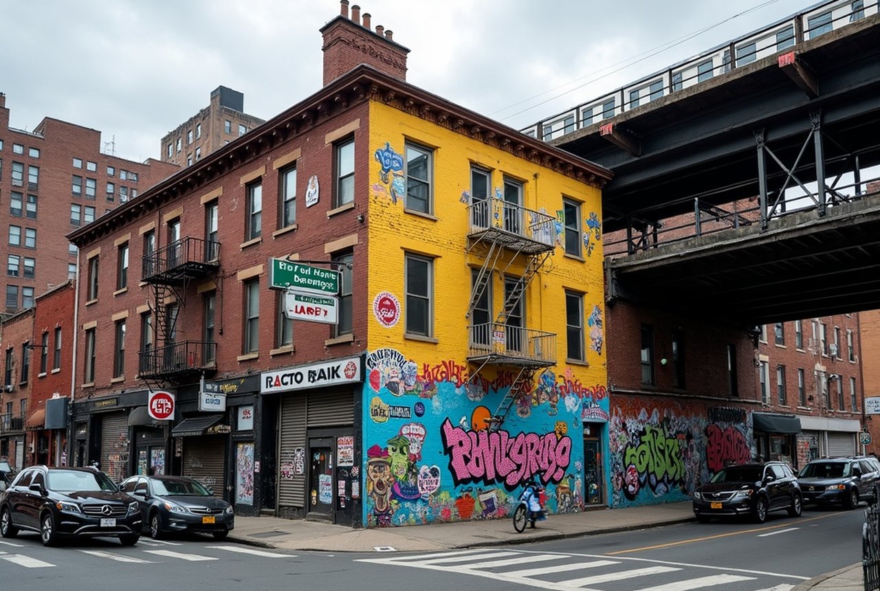 Mural-covered corner building at a busy Bronx intersection, elevated train tracks behind