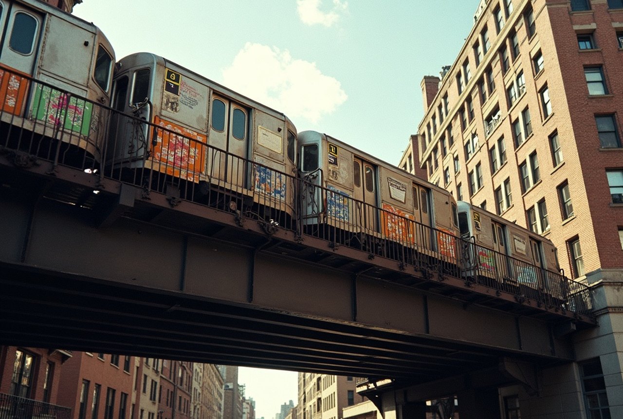 Grainy archival-style image of painted subway cars crossing an elevated bridge