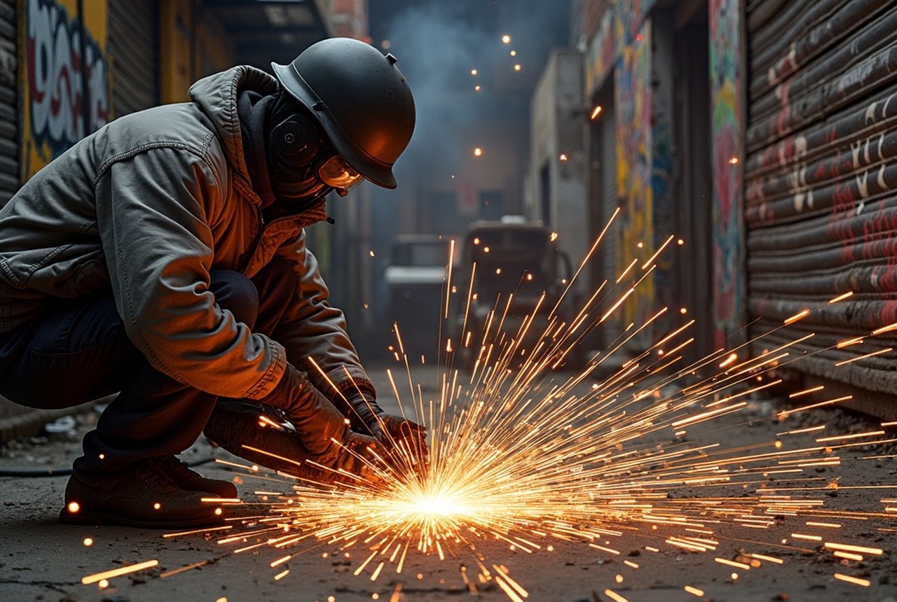 Sparks flying from an angle grinder in an outdoor sculpture fabrication yard by the East River