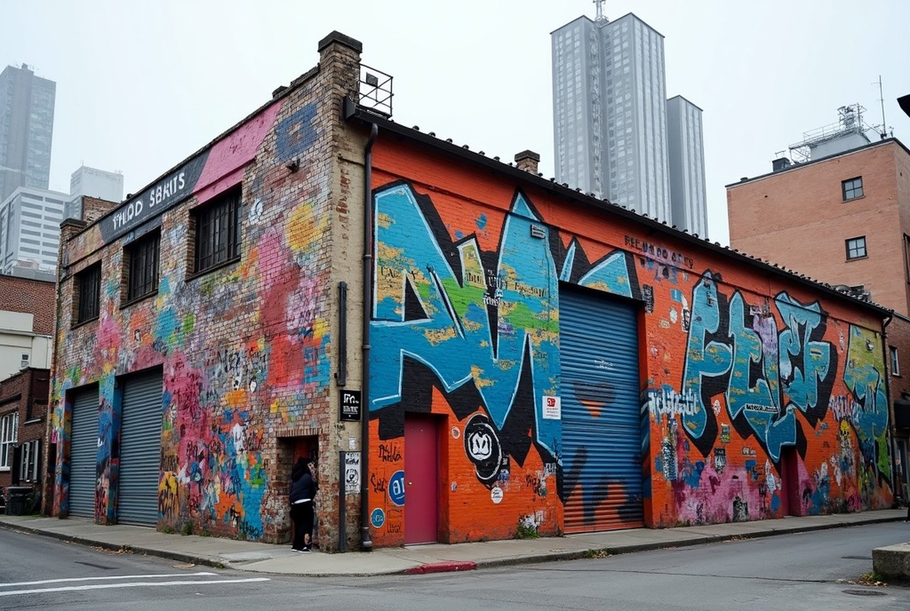 Freshly painted rotating mural wall on a Long Island City industrial building, towers behind