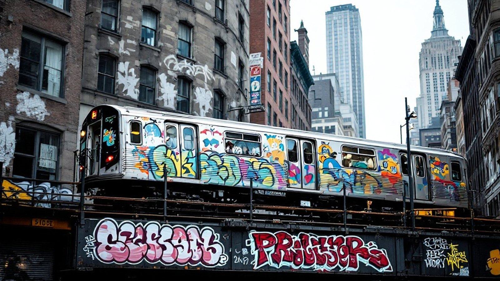 Archival-style photograph of a graffiti-covered New York subway train crossing an elevated structure, full wholecar visible