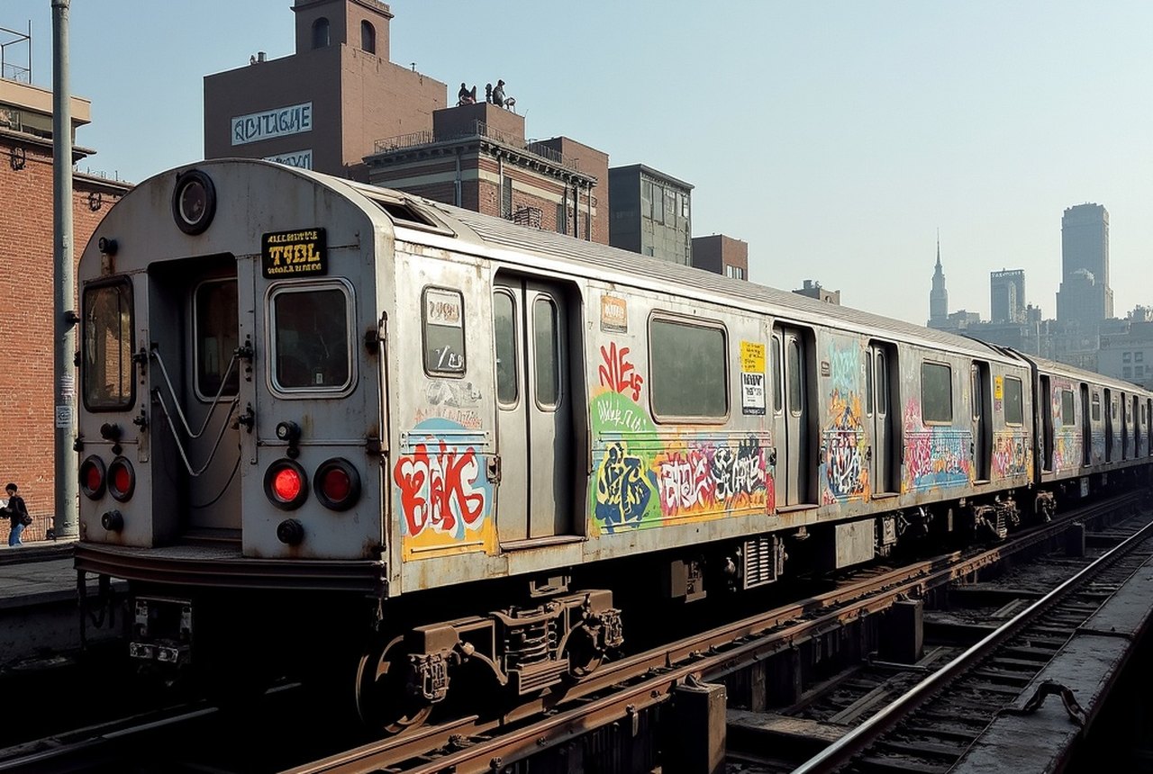 Period-style photograph of a full wholecar graffiti production running the length of a New York subway car in an elevated yard