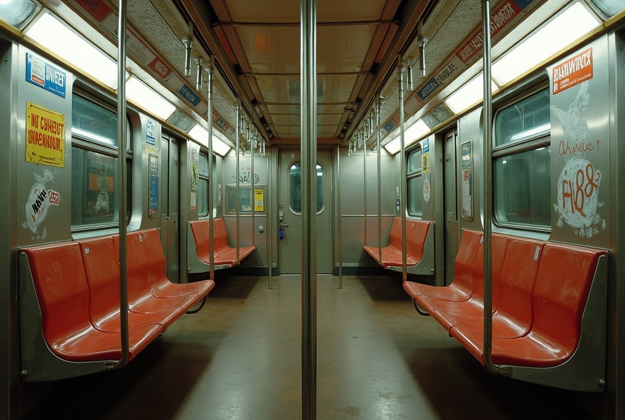 A half-cleaned subway car from the late 1980s, buff-scarred stainless steel with faint ghosts of paint