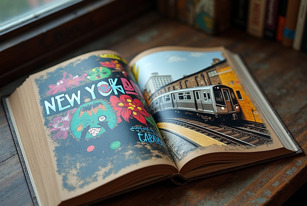 An open photo book of 1980s New York train graffiti on a table, spread showing a painted subway car