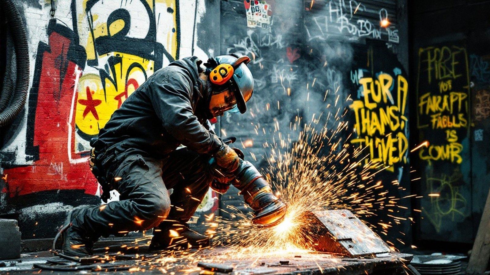 Sparks from an angle grinder in an outdoor sculpture yard by the East River