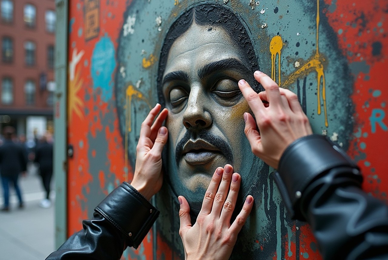 Hands touching a large polished interactive sculpture in a public plaza