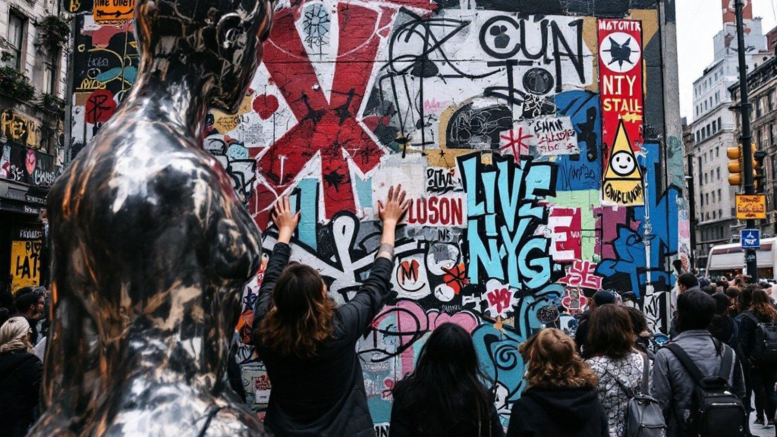 Visitors physically engaging with a large-scale outdoor sculpture in a public plaza, hands on the work