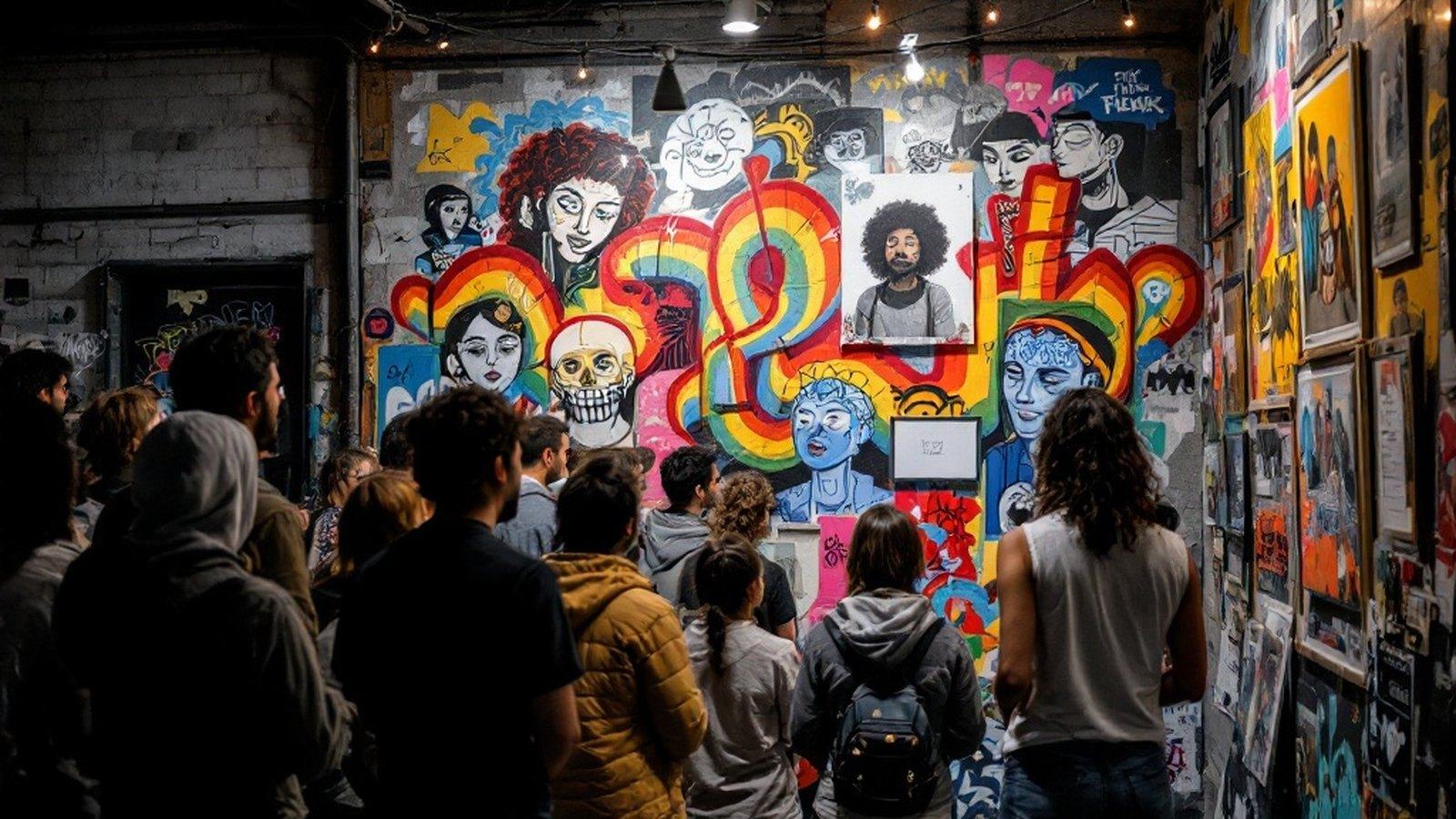 Crowd viewing art hung on a cinderblock basement wall under string lights