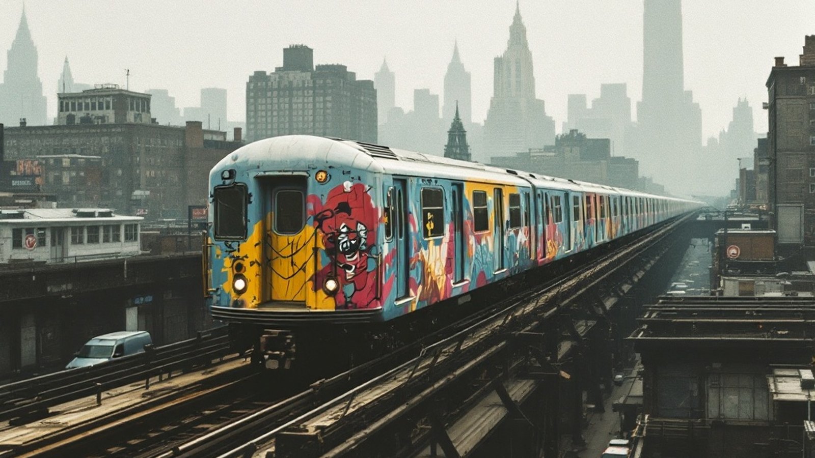 Archival photograph of a fully painted whole train running on elevated tracks against a hazy New York skyline