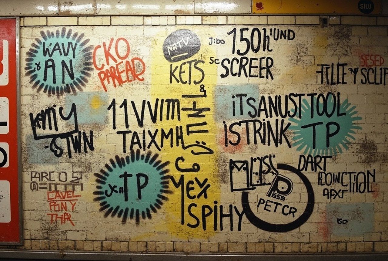 Close-up of layered 1970s marker tags on a subway station wall, names and street numbers overlapping